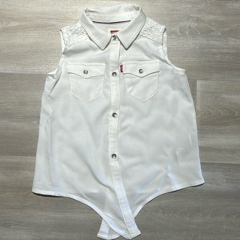 Levi’s: White Tie-Front, Button-up Tank with Lace Detail- Girls size 5-6 years